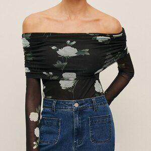 Commense Floral Off-Shoulder Mesh Sleeve Top XS